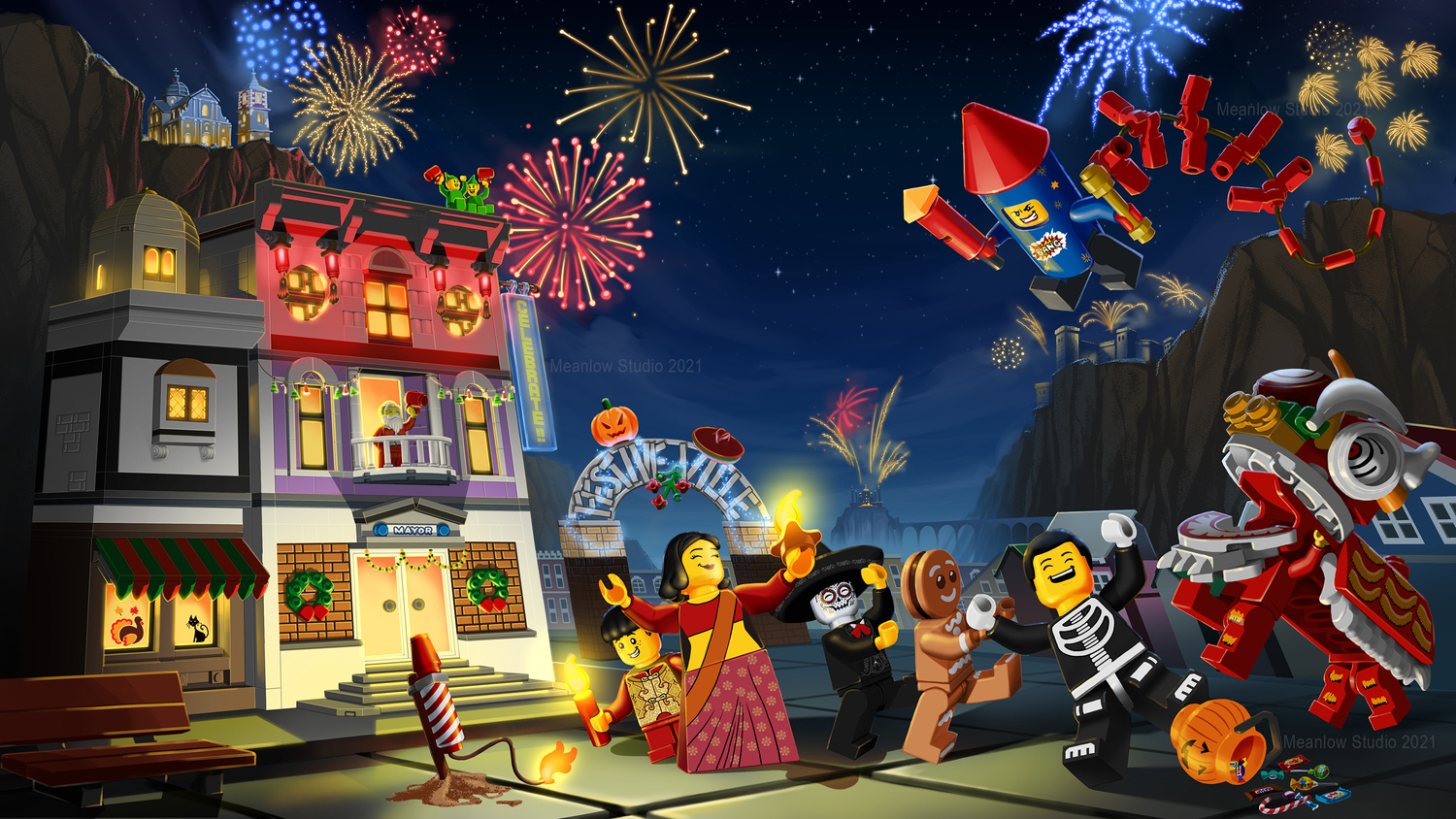 LEGO concept illustration for proposal. festive theme, lots of fireworks and celebration going on